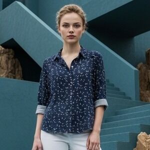 Foxcroft NYC Womens Navy Bird Print Button Up Shirt Easy Care Size L NEW